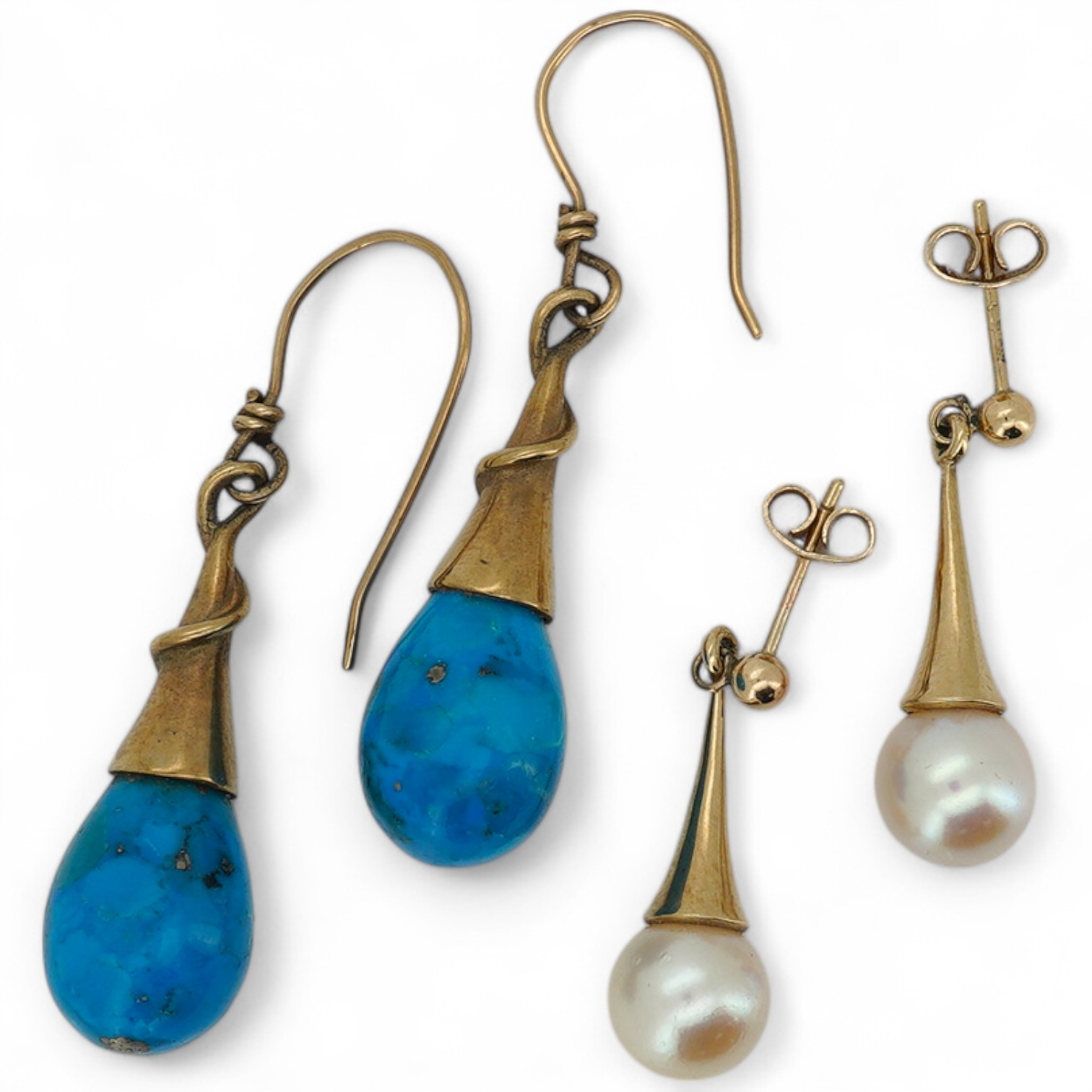 A modern pair of 9ct gold and cultured pearl set drop earrings, 27mm and one other pair of yellow metal drop earrings.